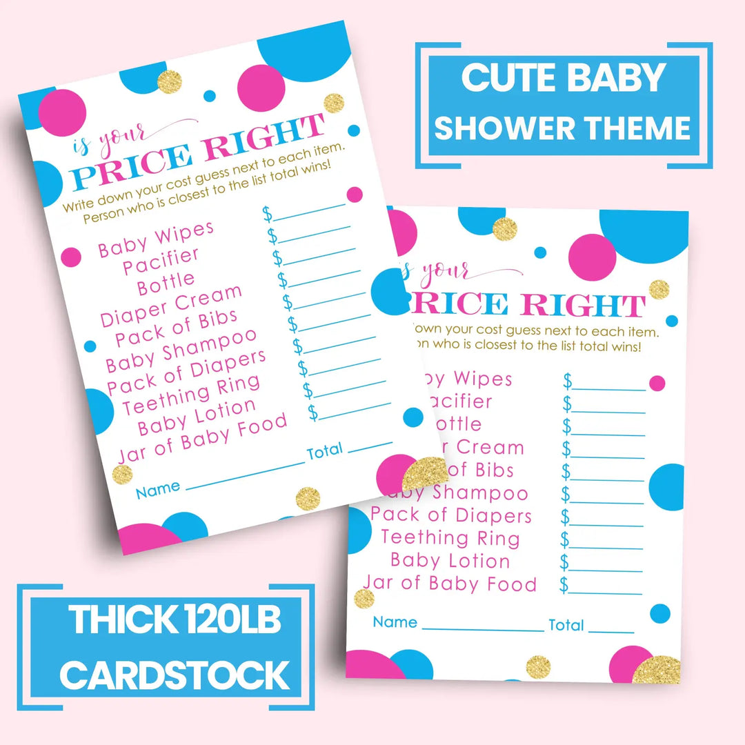 Gender Reveal Guess the Price Baby Shower Games – 25 Guests, Pink and Blue Themed Activities, Neutral Baby Shower Ideas, 4x6 Card Set