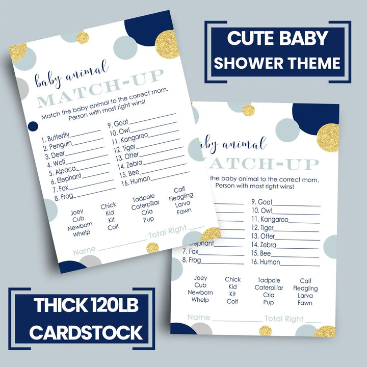 Navy and Gold Baby Shower Animal Matching Game Card (25 Pack)