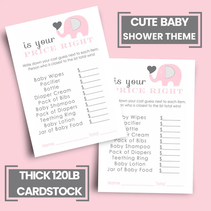 Pink Elephant Guess the Price Baby Shower Games – 25 Guests, Modern Princess Themed Activities for Girls, Jungle Animal 4x6 Card Set