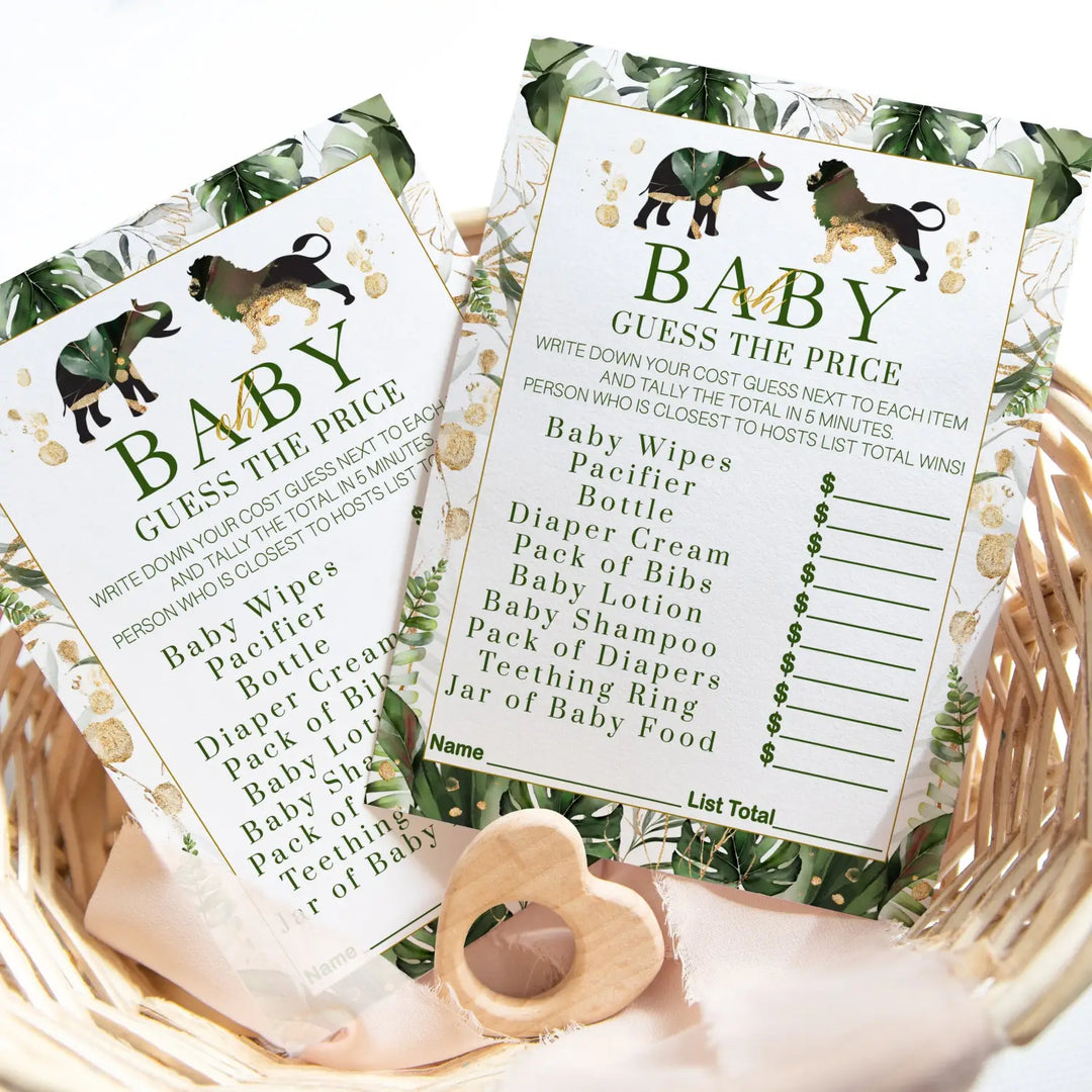 Green and Gold Guess the Price Baby Shower Games – 25 Guests, Tropical Jungle Themed Ideas, Neutral Baby Shower Activities, 5x7 Card Set