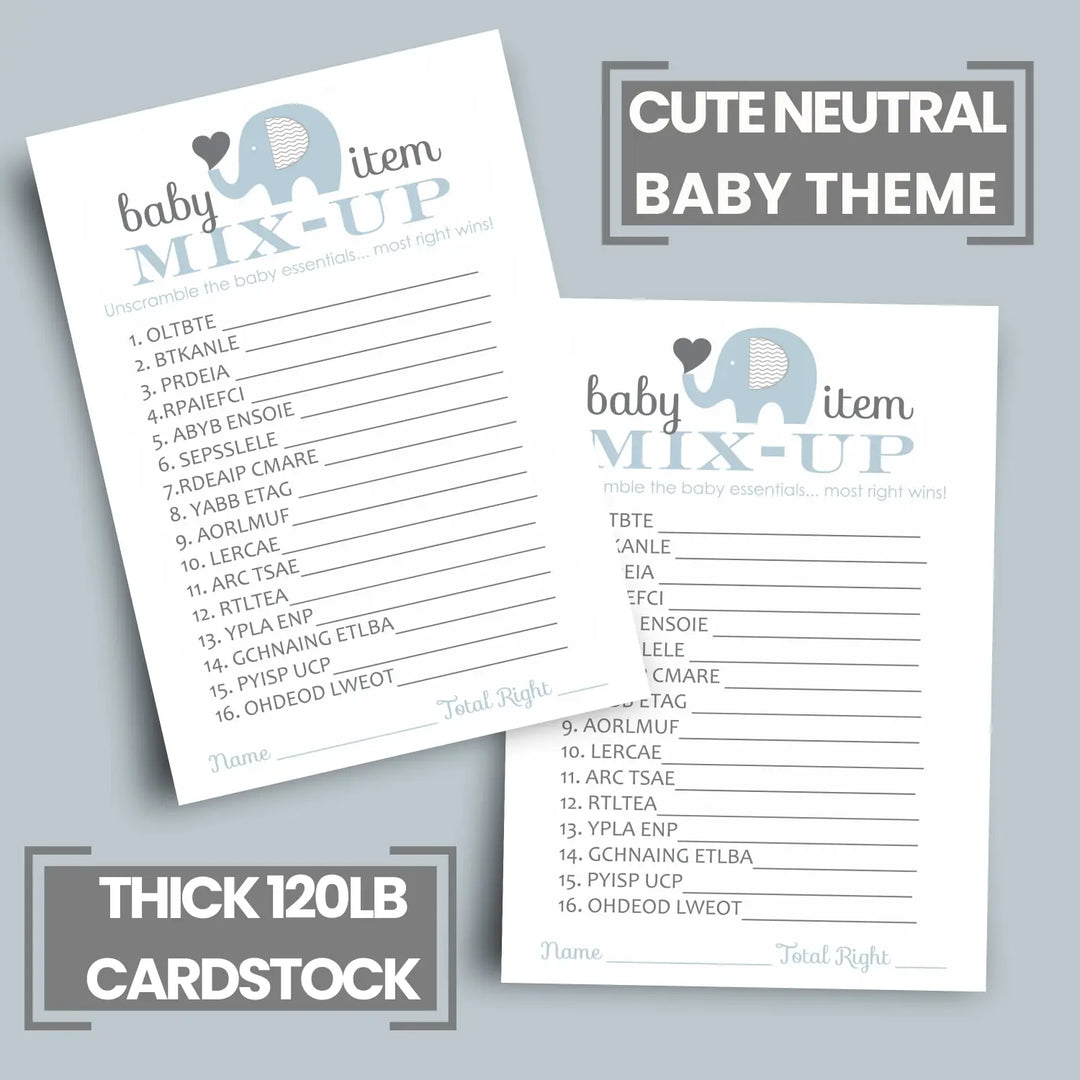 Blue Elephant Baby Shower Games Boy - Word Scramble Activities for Prizes, Jungle Theme Decorations, 25 Cards