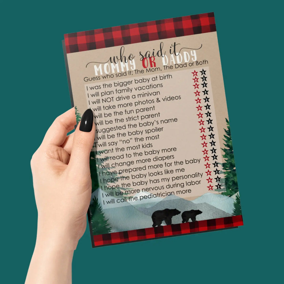 Lumberjack Mommy or Daddy Baby Shower Game - 25 Pack Guess Who Activity Cards, Plaid Red and Black Bear Themed Favors, Printed 5x7 Set