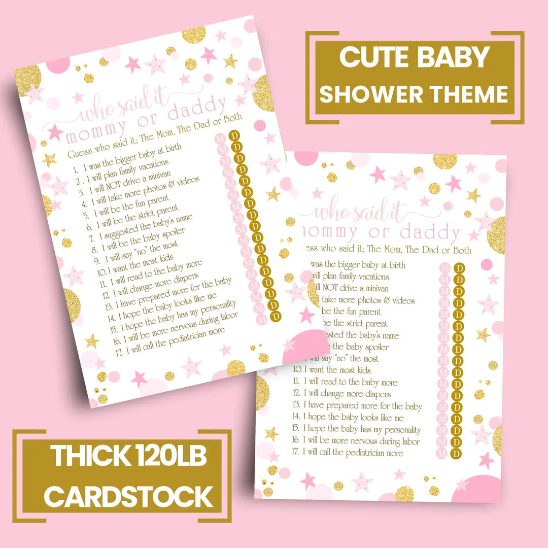 Pink and Gold Baby Shower Game Mommy or Daddy - 25 Pack Guess Who Activity Cards, Twinkle Little Star Princess Themed, Printed 5x7 Set