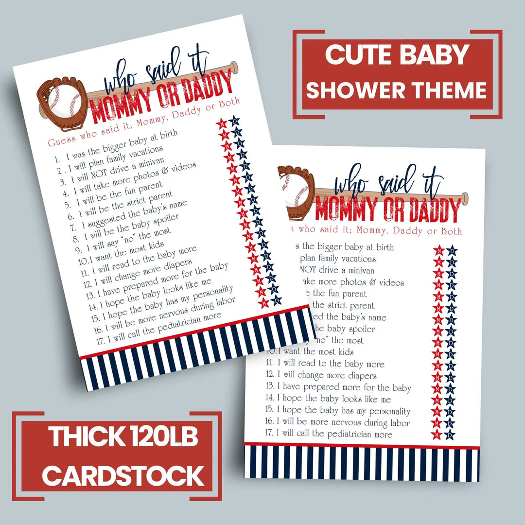 Baseball Mommy or Daddy Baby Shower Game - 25 Pack Guess Who Activity Cards, Sports Themed Red and Blue Gender Reveal, Printed 5x7 Set