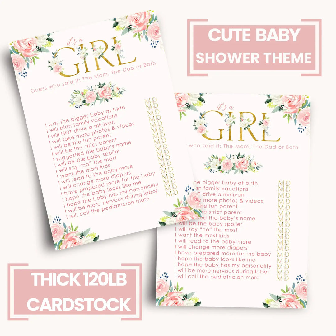 Oh Girl Baby Shower Game Mommy or Daddy - 25 Pack Guess Who Activity Cards, Rustic Floral Themed Pink and Gold, Printed 5x7 Set