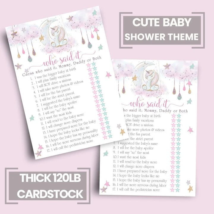 Unicorn Mommy or Daddy Baby Shower Game - 25 Pack Guess Who Activity Cards, Girls Rainbow Stars Themed, Printed 5x7 Set