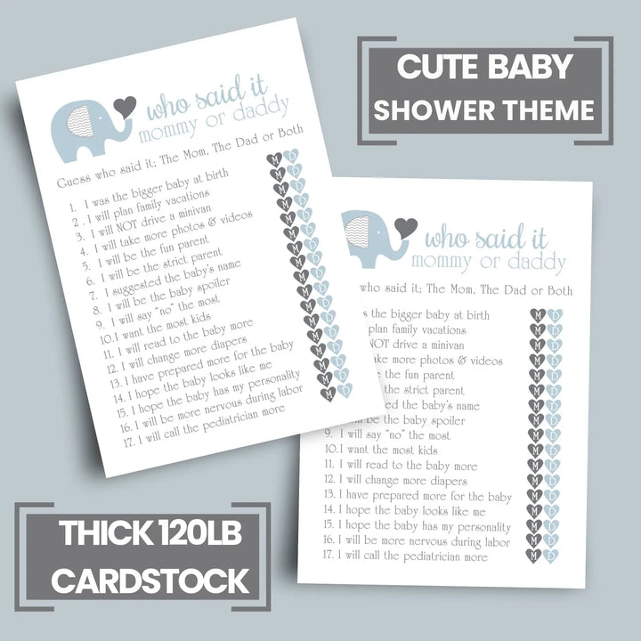 Blue Elephant Baby Shower Games Mommy or Daddy - 25 Pack Fun Guess Who Activity Cards for Royal Jungle Animals, Printed 5x7 Set