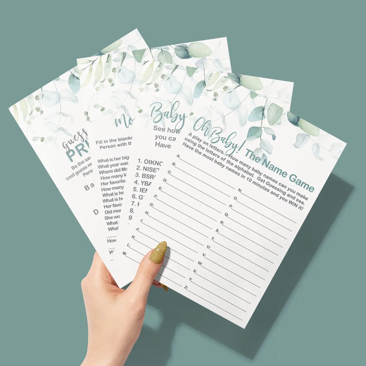 Botanical Bliss - Eucalyptus & Gold Baby Shower Game Set, 5x7 Double-Sided Cards (25 ct)