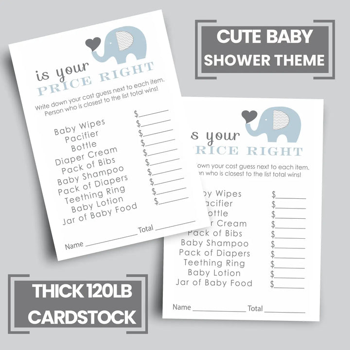 Blue Elephant Guess the Price Baby Shower Games – 25 Pack, Fun Unique Activities for Guests, Jungle Animal Themed, 4x6 Card Set