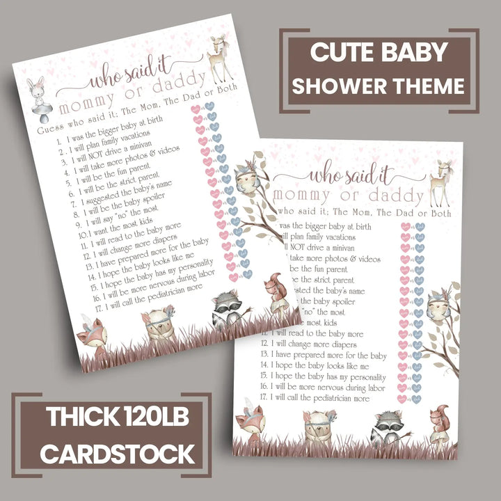 Girls Woodland Baby Shower Game Mommy or Daddy - 25 Pack Guess Who Activity Cards, Fun Ideas for Baby Shower Games, Printed 5x7 Set