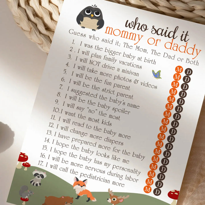 Woodland Mommy or Daddy Baby Shower Game - 25 Pack Guess Who Activity Cards, Cute Rustic Gender Reveal Themes, Printed 5x7 Set