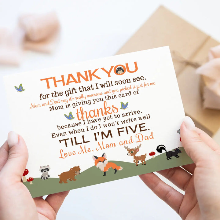 Gender Neutral Woodland Baby Shower Thank You Cards - 15 Pack Notecards with Orange Envelopes, 4x6