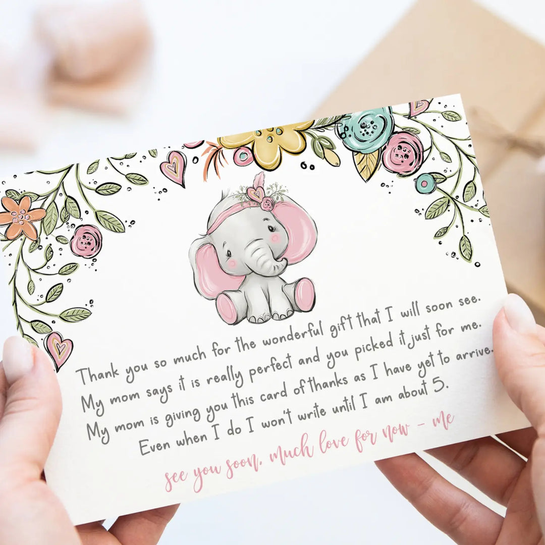 Cottage Elephant Baby Shower Thank You Cards for Girls – Personalized Notecards (Pack of 25)