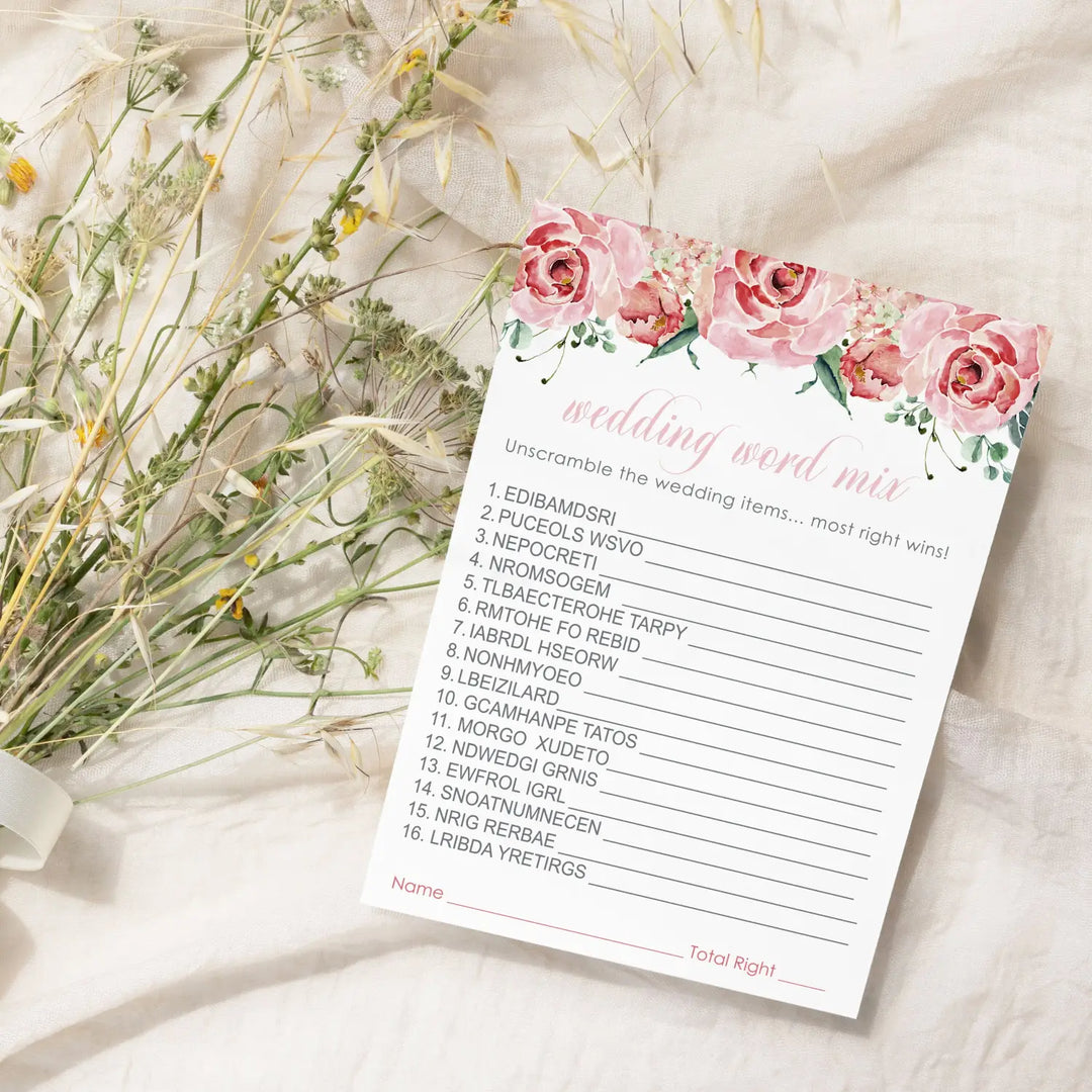 Charming Floral Floral Bridal Shower Games - 25 Cards - Wedding Word Scramble Game Fun Guess Activity for Guests Engagement Party, Rehearsal Dinner, Pink Greenery Design