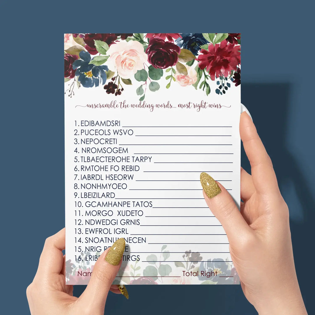 Blue Floral Bridal Shower Games - 25 Cards - Wedding Word Scramble Game Fun Guess Activity for Guests Engagement Party, Rehearsal Dinner, Burgundy and Gold Greenery Design