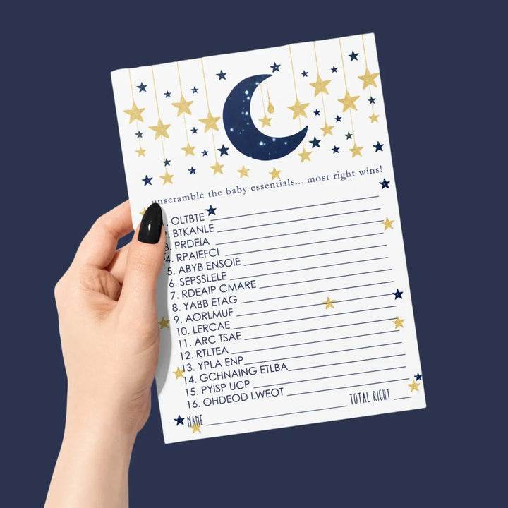 Twinkle Little Star Boy Baby Shower Games - Word Scramble Activities for Guests, Celestial Theme Decorations, Blue and Gold Favors, 25 Cards