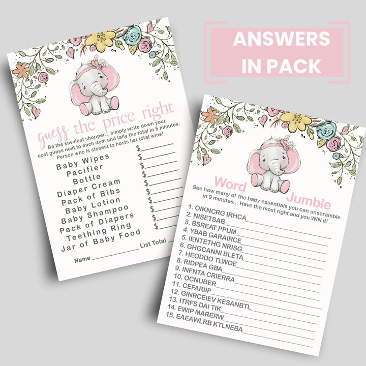 Elephant Elegance - Cottage Elephant Baby Shower Game Set, Pink, 5x7 Cards (25 ct)