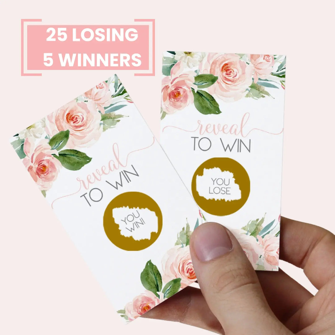 Graceful Floral Bridal Shower Scratch Off Games - 30 Cards - Fun Wedding Shower Game or Engagement Party Ideas, Rustic Greenery with Blush and Gold Themes