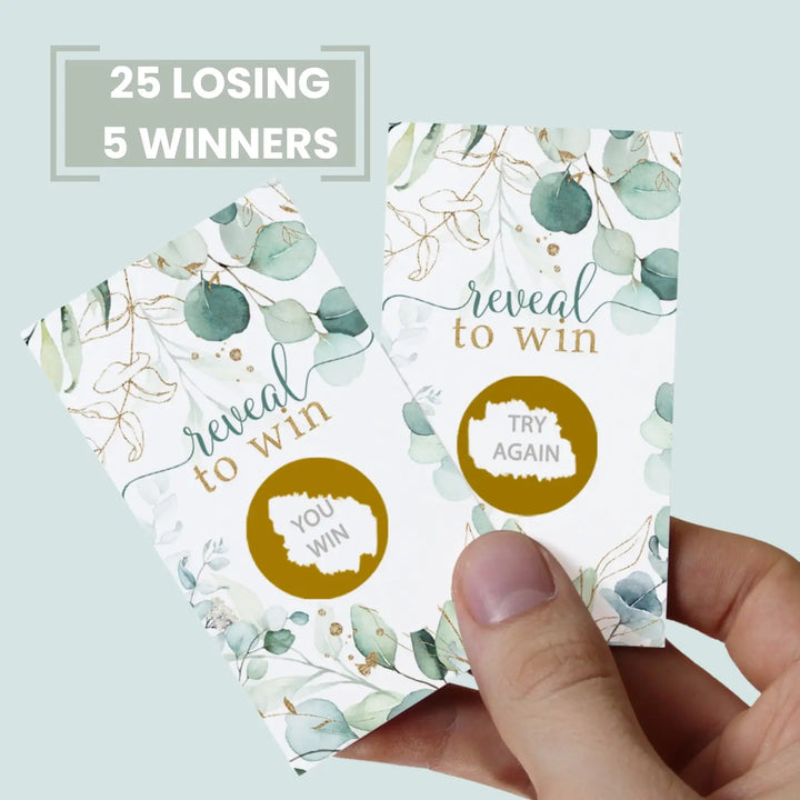 Bridal Shower Games - 30 Pack - Fun Scratch Off Raffle Cards Wedding Shower Game Engagement or Reception Ideas, Sage and Gold Eucalyptus Themes