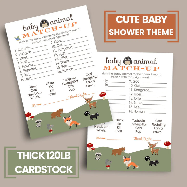 Woodland Baby Animal Matching Baby Shower Game Cards (25 Pack)