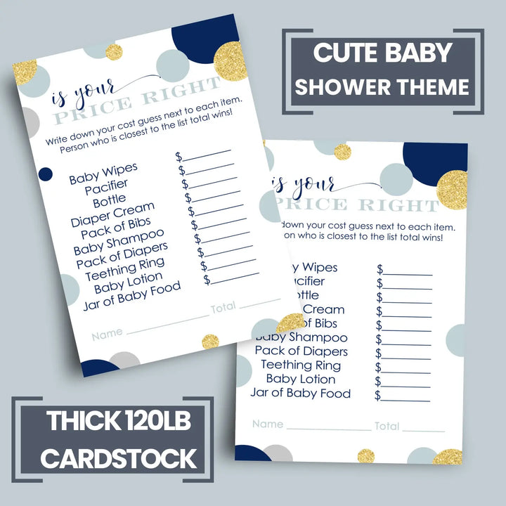 Navy and Gold Guess the Price Baby Shower Games – 25 Guests, Royal Prince Themed Activities for Boys, Twinkle Little Star 4x6 Card Set