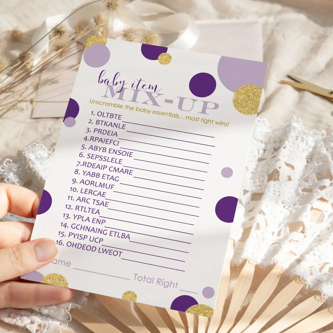 Purple and Gold Baby Shower Games for Girls - Word Scramble Gender Reveal Activities, Prince or Princess Themes, 25 Cards