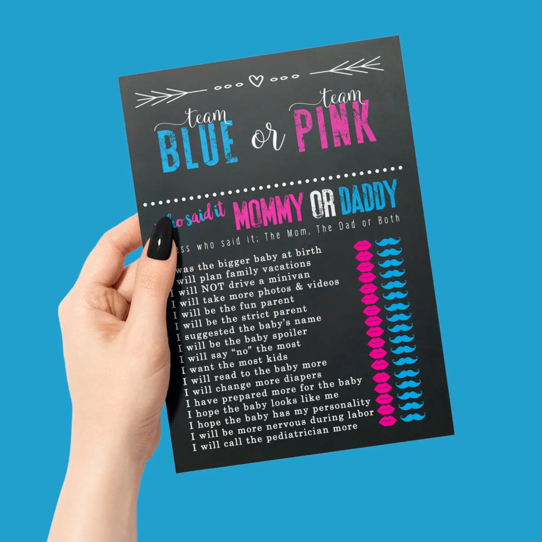 Gender Reveal Mommy or Daddy Game - 25 Pack Guess Who Activity Cards for Boys and Girls, Pink and Blue Themed, 5x7 Set