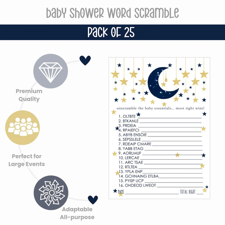 Twinkle Little Star Boy Baby Shower Games - Word Scramble Activities for Guests, Celestial Theme Decorations, Blue and Gold Favors, 25 Cards