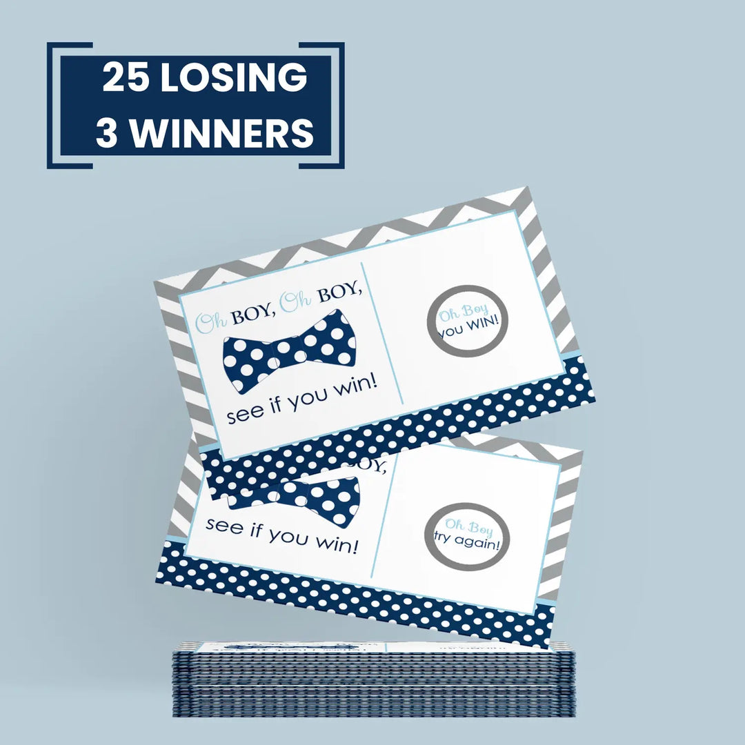 Baby Shower Games for Boy - 28 Cards - Fun Scratch Off Game Guests Activities to Reveal Prizes, Little Man Theme Favors Bowtie Ideas Blue and Grey