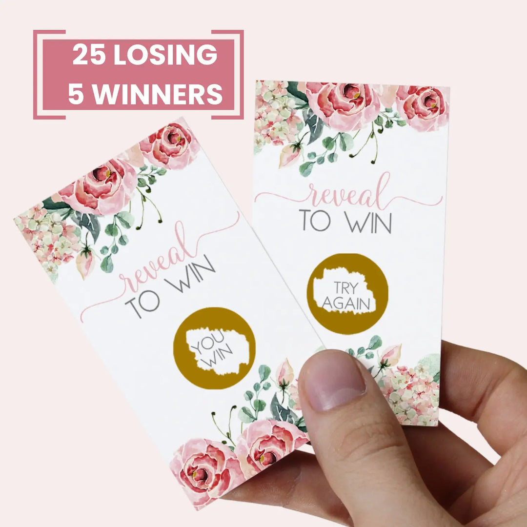 Pink Bridal Shower Games - 30 Pack - Scratch Off Raffle Cards Fun Ideas for Wedding Activities, Lottery Tickets or Door Prizes, Charming Botanical Floral Themes