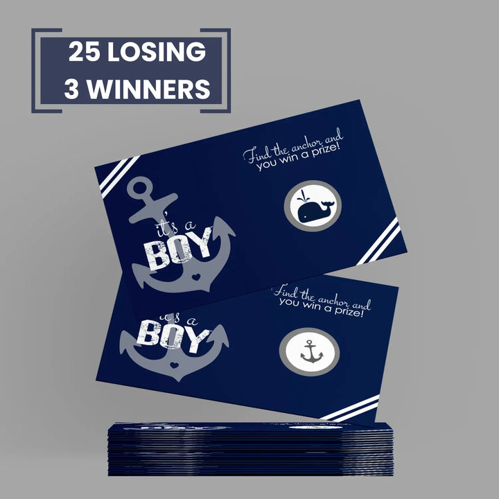 Nautical Baby Shower Games Boys - 28 Cards - Fun Scratch Off Game Guest Activities to Win Prizes Anchor Favors Blue and Grey Theme Pack Ideas