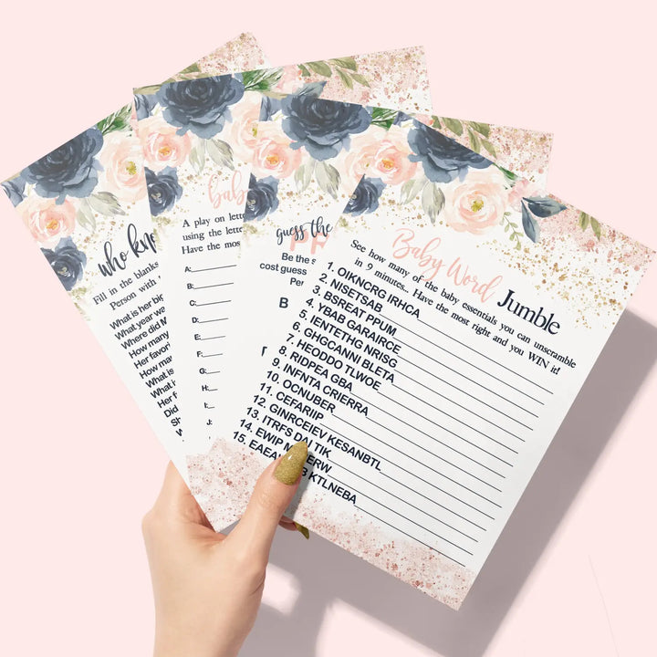 Pink Baby Shower Games for Girl - 25 Baby Shower Activities for Guests, Include Word Scramble, Guess the Price, Baby Name Race and Who Knows Mommy Best, Rustic Floral Theme, Double-Sided 5x7 Cards