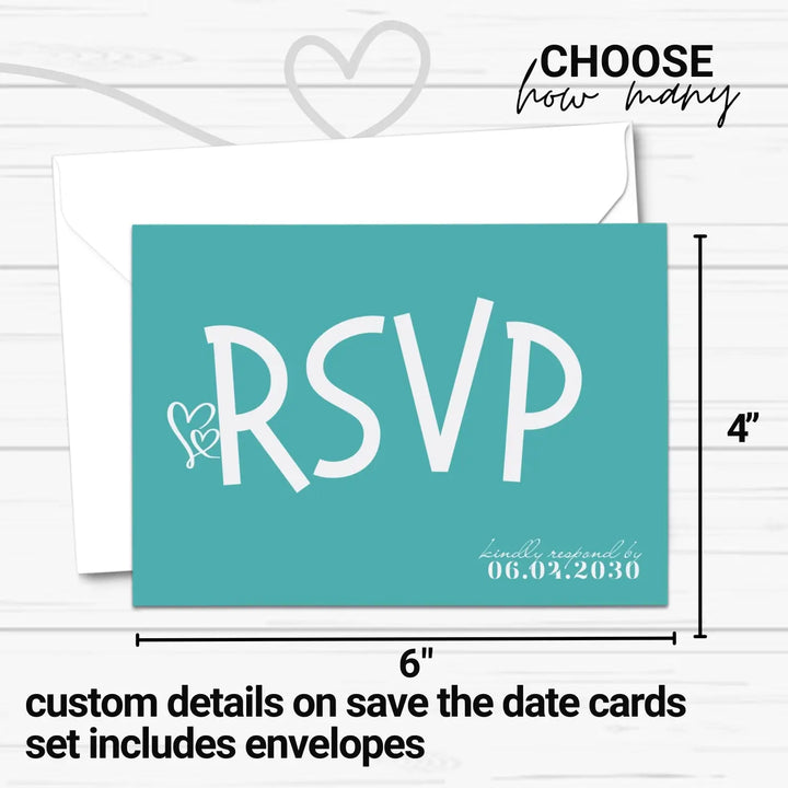 Custom Teal Blue and Purple RSVP Cards - Premium 120lb Cardstock, Elegant Calligraphy, 4x6 Inch Size, Personalized Dates & Names