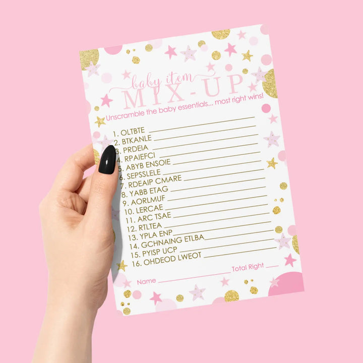 Twinkle Little Star Girl Baby Shower Games - Word Scramble Activities for Guests, Pink and Gold Celestial Decorations, 25 Cards