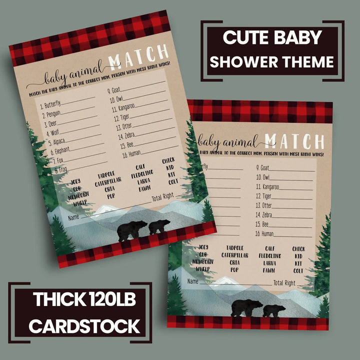 Lumberjack Baby Shower Game Animal Matching for All Occasions Fun Guessing Activities Guests Play, Rustic Bear Red and Black, 5x7, 25 Pack