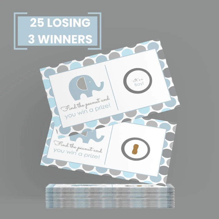 Baby Shower Games Elephant - 28 Cards - Fun Scratch Off Game Guest Activities to Reveal Prizes, Safari Favors Ideas Prince Theme Blue and Grey