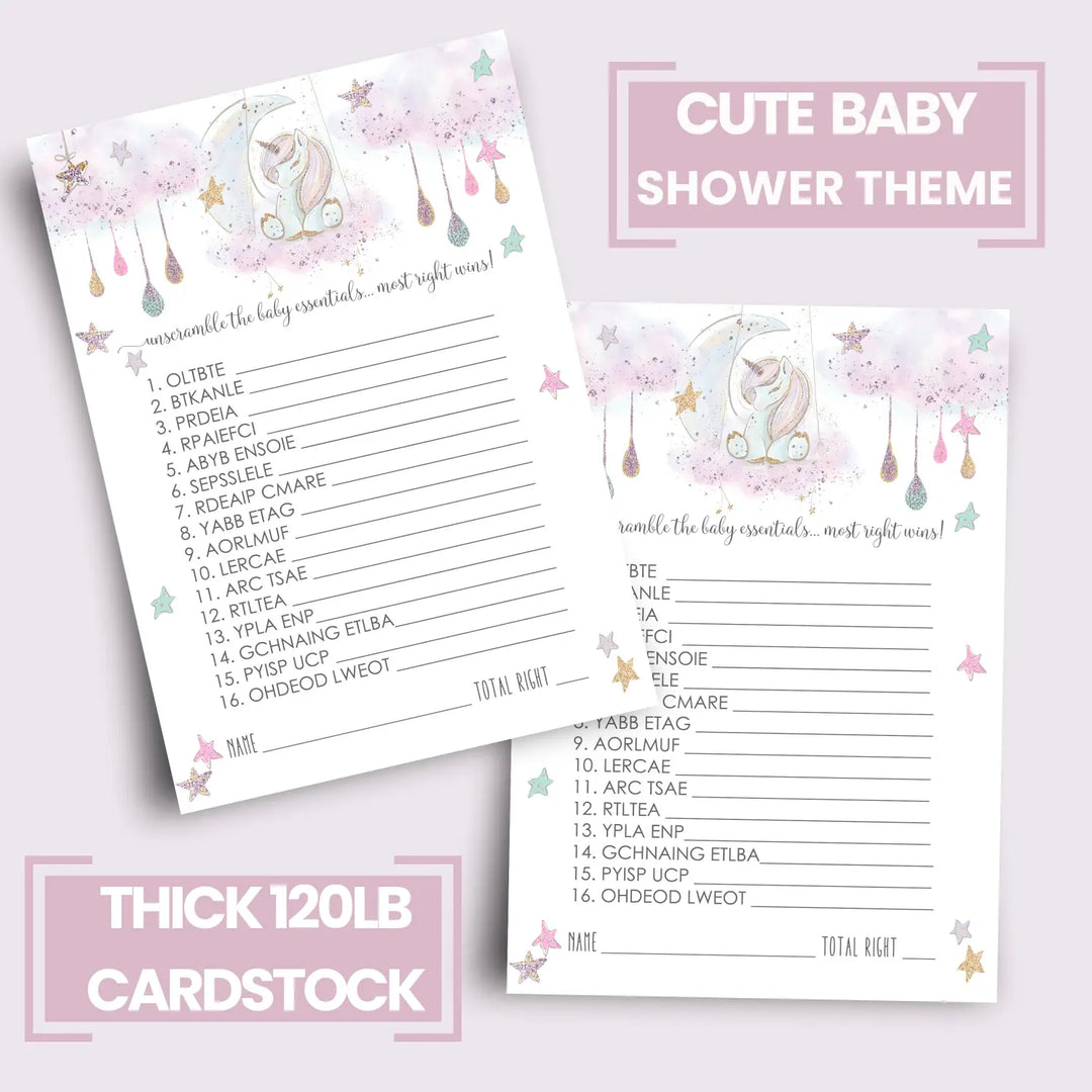 Unicorn Baby Shower Games Word Scramble - 25 Cards, Fun Unscramble Activities for Girl Baby Shower Decorations and Favors