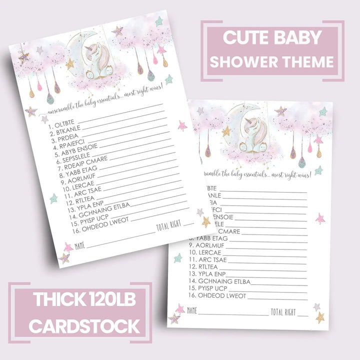 Unicorn Baby Shower Games Word Scramble - 25 Cards, Fun Unscramble Activities for Girl Baby Shower Decorations and Favors