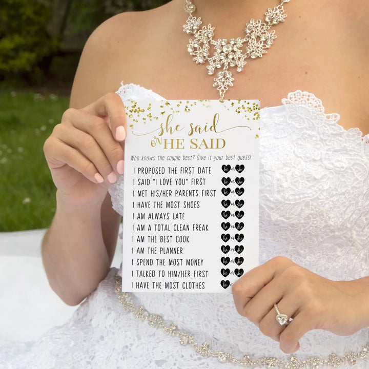 Black and Gold Bridal Shower Games - 25 Cards - He Said She Said Bridal Shower Game, What Did the Bride and Groom Say Guess Who Wedding Activity - Engagement, Rehearsal Dinner, Modern Design