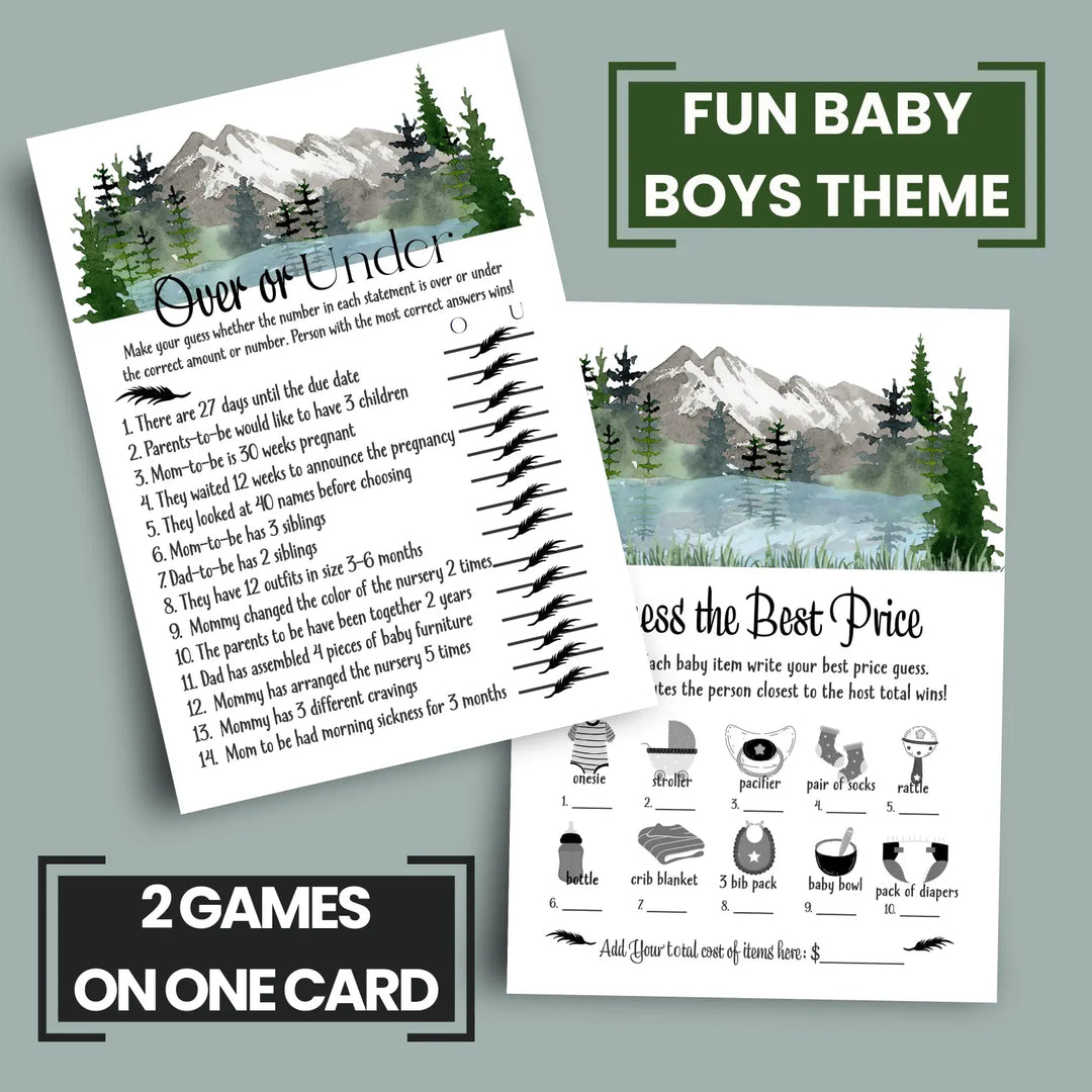 Adventure Awaits Baby Shower Game Set, Guess the Price and Over or Under - Mountain Theme, 5x7 Cards (25 ct)