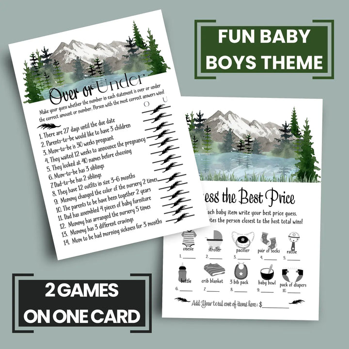 Adventure Awaits Baby Shower Game Set, Guess the Price and Over or Under - Mountain Theme, 5x7 Cards (25 ct)