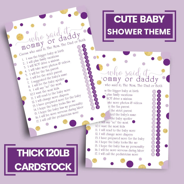 Purple and gold baby shower game mommy or daddy - 25 pack guess who activity cards royal princess star themed gender