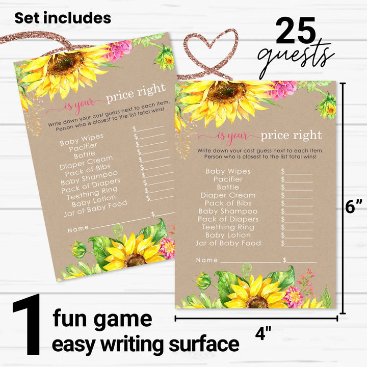 Sunflower guess the price baby shower games – 25 guests rustic fall flower themed activities for girls pink and yellow