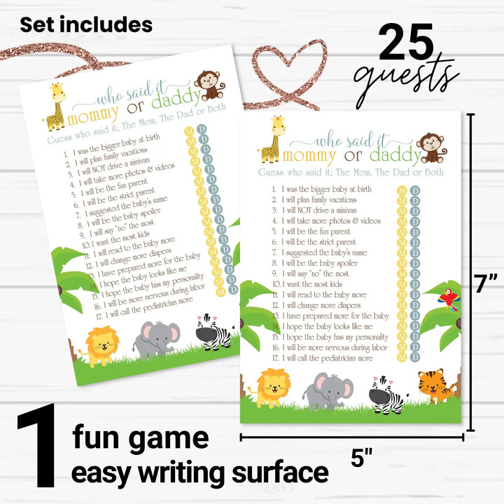 Cute Jungle Baby Shower Game Mommy or Daddy - 25 Pack Guess Who Activity Cards, Wild Safari Themed for Boys and Girls, Printed 5x7 Set
