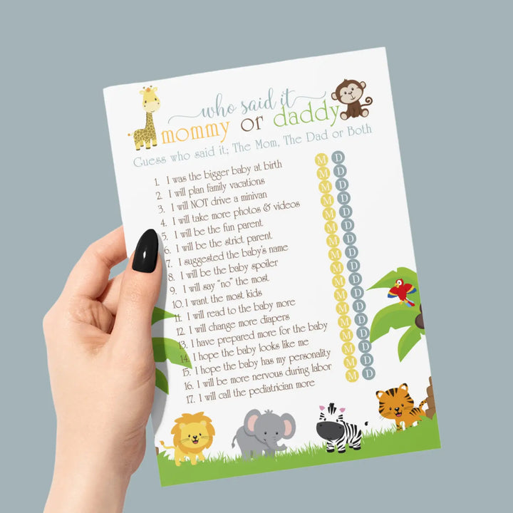 Cute Jungle Baby Shower Game Mommy or Daddy - 25 Pack Guess Who Activity Cards, Wild Safari Themed for Boys and Girls, Printed 5x7 Set