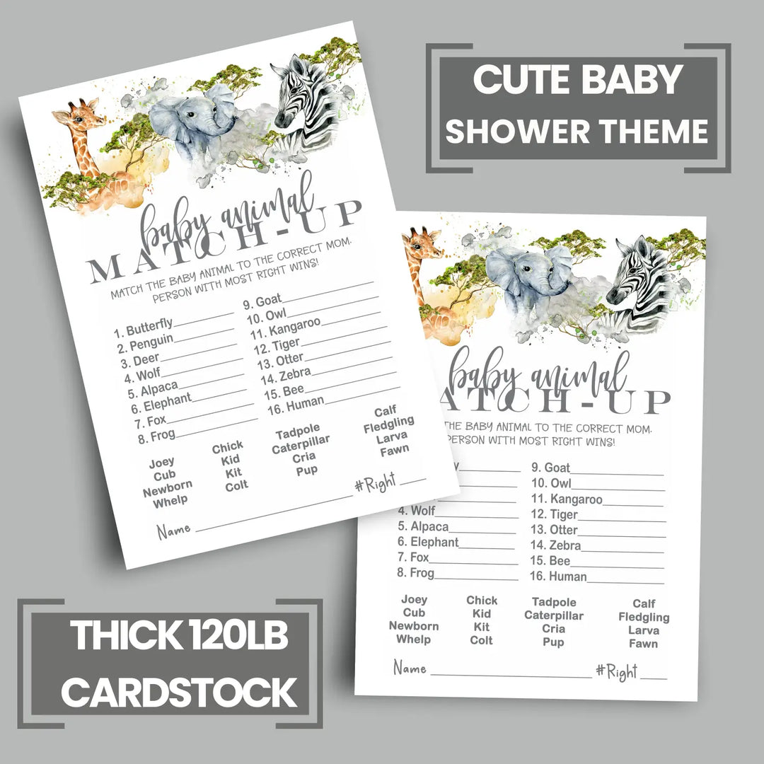 Jungle Baby Shower Game Animal Matching for All Occasions Fun Guessing Activities Guests Play, Gender Neutral Ideas, 4x6, 25 Pack