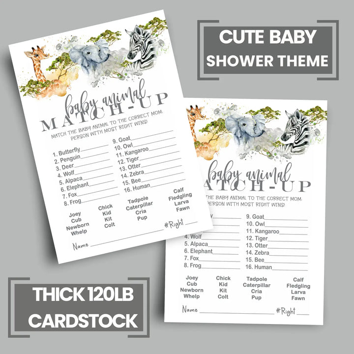 Jungle Baby Shower Game Animal Matching for All Occasions Fun Guessing Activities Guests Play, Gender Neutral Ideas, 4x6, 25 Pack
