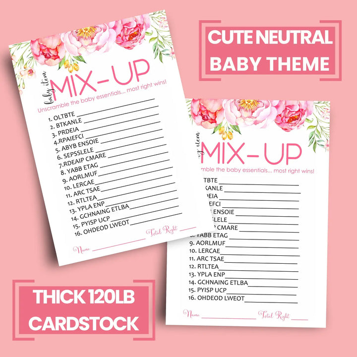 Floral baby shower word scramble game - 25 pack rustic prize games cute party ideas unique pink favors