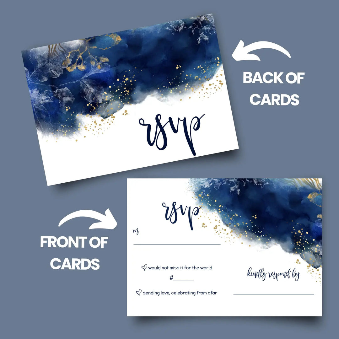 Watercolor Gold Floral Blue RSVP Cards - Elegant Wedding Response Set, 3.5x5, Envelopes Included, 25 Pack