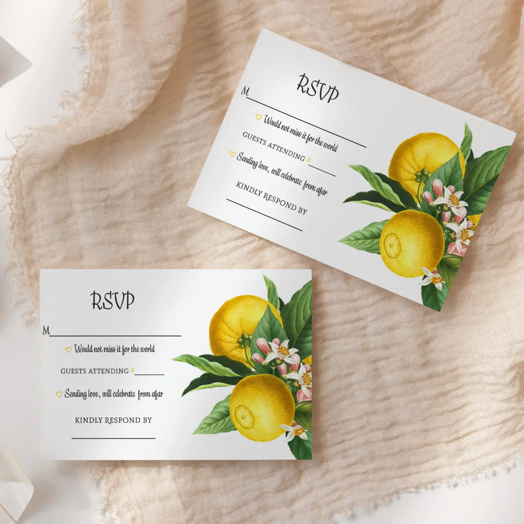 Main Squeeze Lemon Greenery RSVP Cards - Citrus Wedding Response Set, 3.5x5, Envelopes Included, 25 Pack